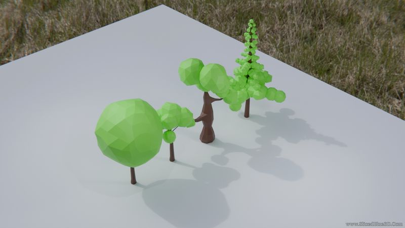 Four low poly trees